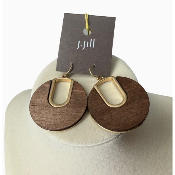 J. Jill Round Wood Earrings Gold Tone Drop Dangle Brown Neutral Boho Earthy NWT - Picture 2 of 9